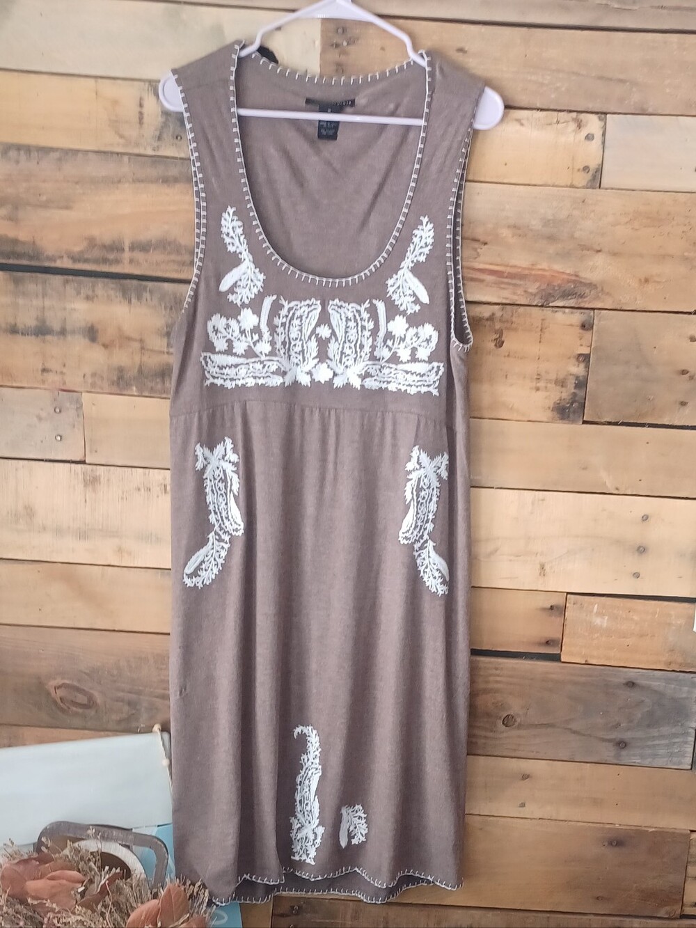 Element Taupe Sleeveless Embroidered Tunic Dress with White Accents
